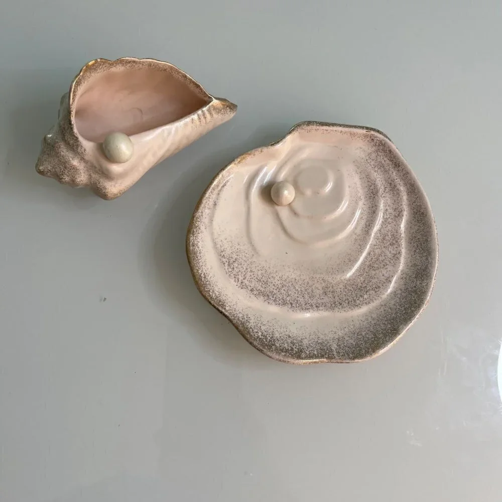 Vintage Set Of Two Bowl Planter Ceramic Shell And Pearl Trinket Pink Gold